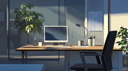 A computer desk with a black chair and a potted plant