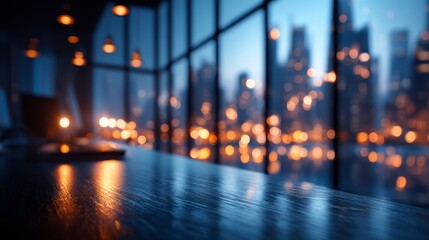 Fototapeta premium Desk Overlooking Cityscape at Night with Bokeh Lights and Office Ambiance