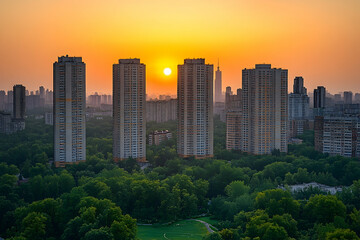 Obraz premium Sunset over urban skyline with tall buildings surrounded by green parks and distant cityscape