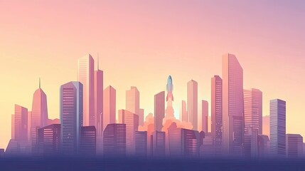 Obraz premium A vibrant city skyline at dusk featuring futuristic buildings and a rocket launch. with reflections on the water and a colorful sky. ideal for technology and urban development themes