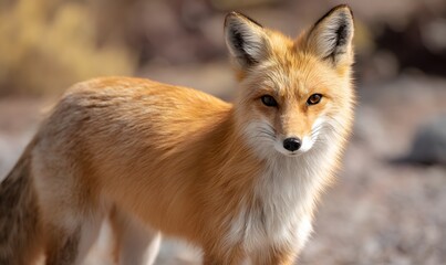 A red fox with orange fur, looking sideways at the camera, stands in front of an outdoor background, Generative AI