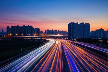 Fototapeta premium Vibrant cityscape at dusk showcasing a bustling highway with light trails. surrounded by modern skyscrapers and a colorful sunset in the background. ideal for urban lifestyle themes