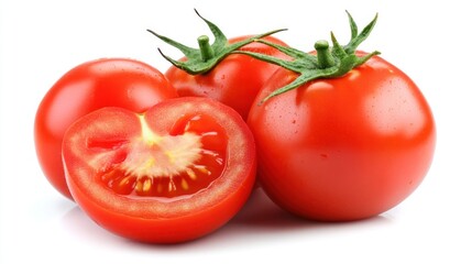 Ripe red tomatoes sliced, studio shot, white background, food photography