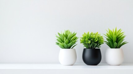 Fototapeta premium Three potted green plants arranged on a white shelf against a minimalist light grey wall, and showcasing modern interior decor and simplicity.