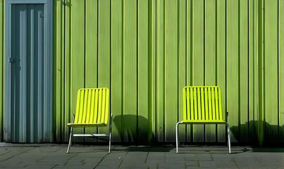 Two vibrant yellow chairs positioned against a bright green wall, casting shadows on the pavement