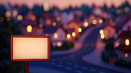 A serene evening street scene showcasing softly lit houses and a blank signpost in the foreground. with a blurred bokeh effect creating a warm. inviting atmosphere