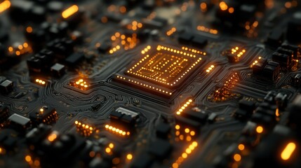 Close-up View of Modern Computer Circuit Board with LED Lights