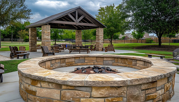 Cozy outdoor gathering space featuring a stone fire pit surrounded by wooden seating under a pavilion