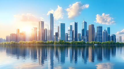 Obraz premium Vibrant city skyline reflecting on water during sunset, with modern architecture and lush greenery