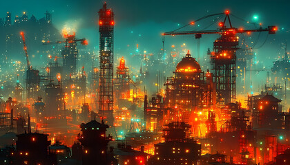 Fototapeta premium Vibrant futuristic cityscape at night with glowing skyscrapers and construction cranes under a misty sky