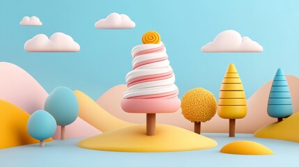 Whimsical Pastel Landscape with Spiral Tree and Stylized Trees