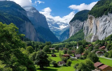 Obraz premium Lauterbrunnen village in Switzerland, a green, grassy valley with small houses and a church in the background