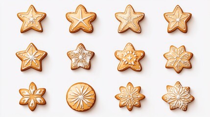 Fototapeta premium Star & Snowflake Gingerbread Cookies on White Background, Festive Baking Collection