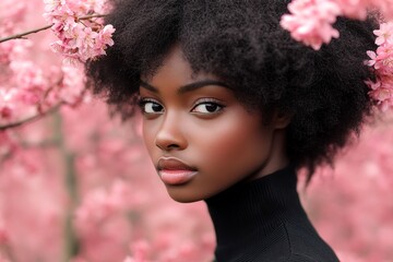 Spring mood, morning glow and fog. Gorgeous black young woman surrounded by cherry blossoms. Commercial promotion idea. Woman surrounded by flowers in springtime. Bright woman in floral park.