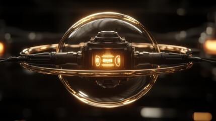 Futuristic drone sphere, glowing lights, dark studio, tech background, sci-fi concept