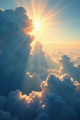 Obraz premium Golden sunbeams pierce scattered cirrus clouds, vast blue expanse , blue, light, meteorology