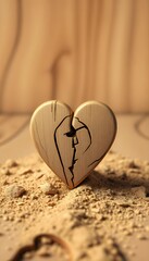 Fototapeta premium Broken Wooden Heart on Sand: A Symbol of Sadness and Loss