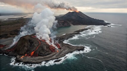 Volcanic eruption over ocean landscape with smoke and lava flow.