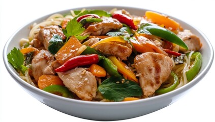 Fototapeta premium Chicken stir-fry with noodles and vegetables.