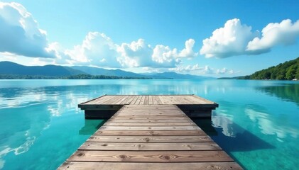 Rustic dock on raised pontoons, clear lake, fluffy clouds, reflection, Minnesota