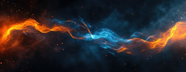 A mesmerizing abstract representation of swirling orange and blue light particles creating a cosmic atmosphere. perfect for backgrounds in digital art and design projects