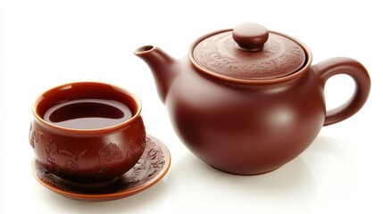 Brown teapot, teacup, studio, white background, beverage