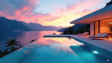Fototapeta premium Serene Sunset Vista Infinity Pool and Modern Architectural Design on Lakeside Property