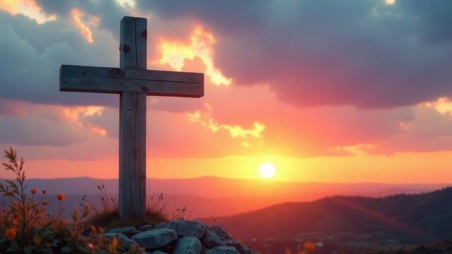 Rustic wooden cross silhouetted against a vibrant sunset over rolling hills, a serene and peaceful landscape image.