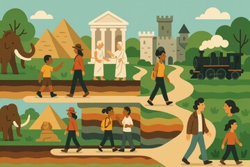 Obraz premium Flat Illustration of Historical Travel with People, Pyramids, Castle, Train, and Grecian Architecture in Earth Tones