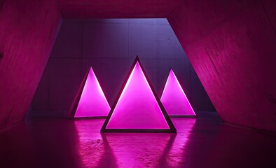 A vibrant neon-lit room featuring three glowing pink triangles on a textured concrete wall. creating a modern atmosphere suitable for artistic photography or creative projects