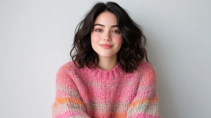 Fototapeta premium Smiling young woman in a vibrant pink sweater