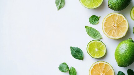 Fresh limes, lemons, leaves on white; food blog header