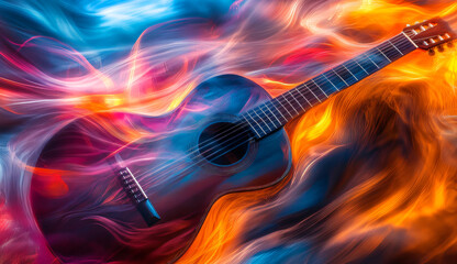 Naklejka premium Acoustic Guitar with Colorful Abstract Waves