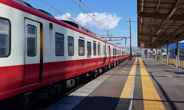 Red and white train on platform under blue sky, waiting for passengers on a sunny day at a station