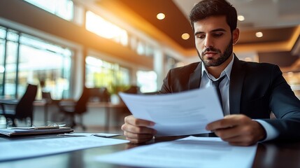 Obraz premium Job Applicant Preparing for Interview with Resumes and Documents in Modern Office Setting