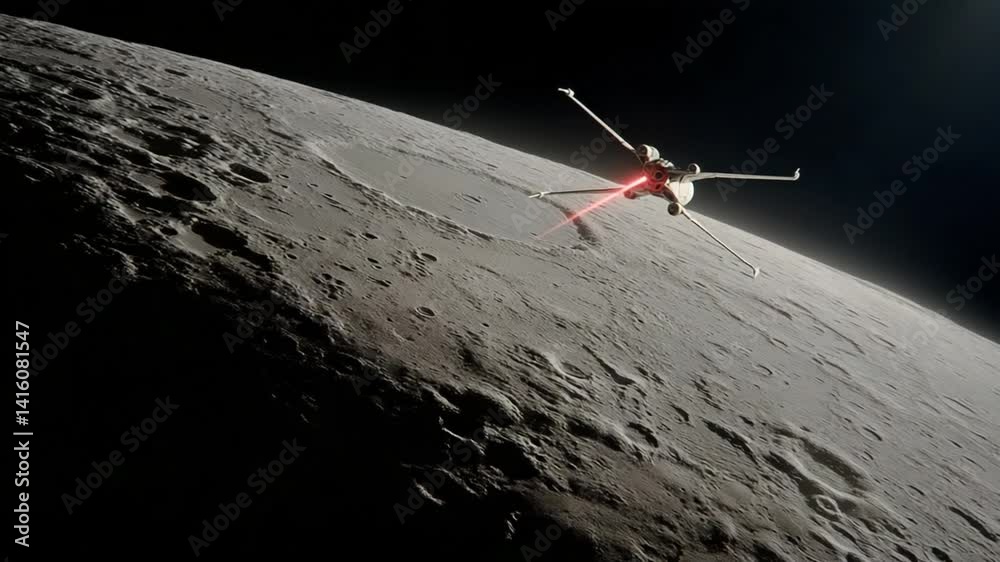 Poster spaceship navigates over the dark side of a moon in deep space generative ai