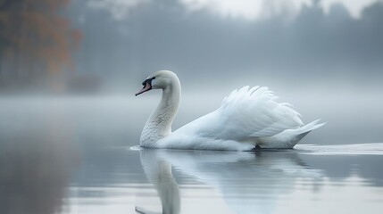 Fototapeta premium Swan Gliding Across Mirror-Still Lake At Twilight, Soft Fog Rising, Balanced Elegance And Grace