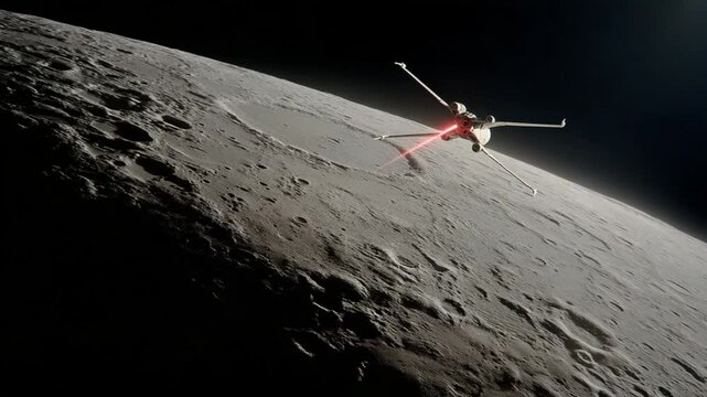 Spaceship Navigates Over the Dark Side of a Moon in Deep Space Generative AI