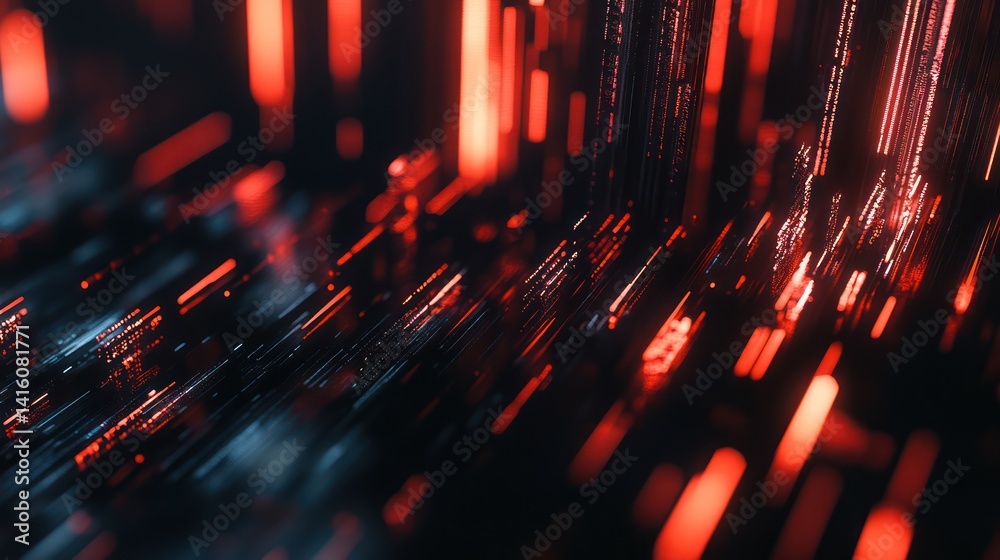 Fototapete Red digital data streams flow in dark cyberspace; futuristic tech background