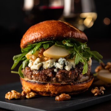Feinschmecker-Burger mit Birne, K&auml;se und Rucola