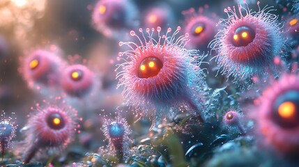 Obraz premium Microscopic Fluffy Organisms With Glowing Eyes Photo Amidst Dewy Plants Close Up
