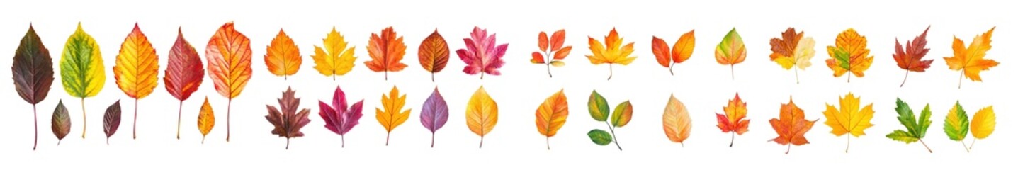 Fototapeta premium collection of diverse autumnal leaves in a range of colors, isolated on transparent background