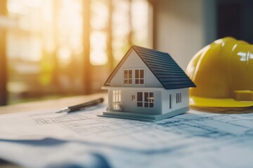 Miniature house model atop architectural blueprints, alongside a safety helmet, suggesting a construction or home design project