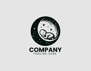 Sleeping Baby Silhouette Crescent Moon Stars Vector Logo Design