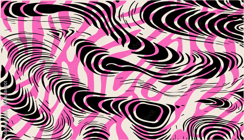 Poster Psychedelic abstract vector pattern with wavy black, pink, and beige lines. Organic, fluid shapes create a dynamic and modern visual, perfect for creative backgrounds or prints.