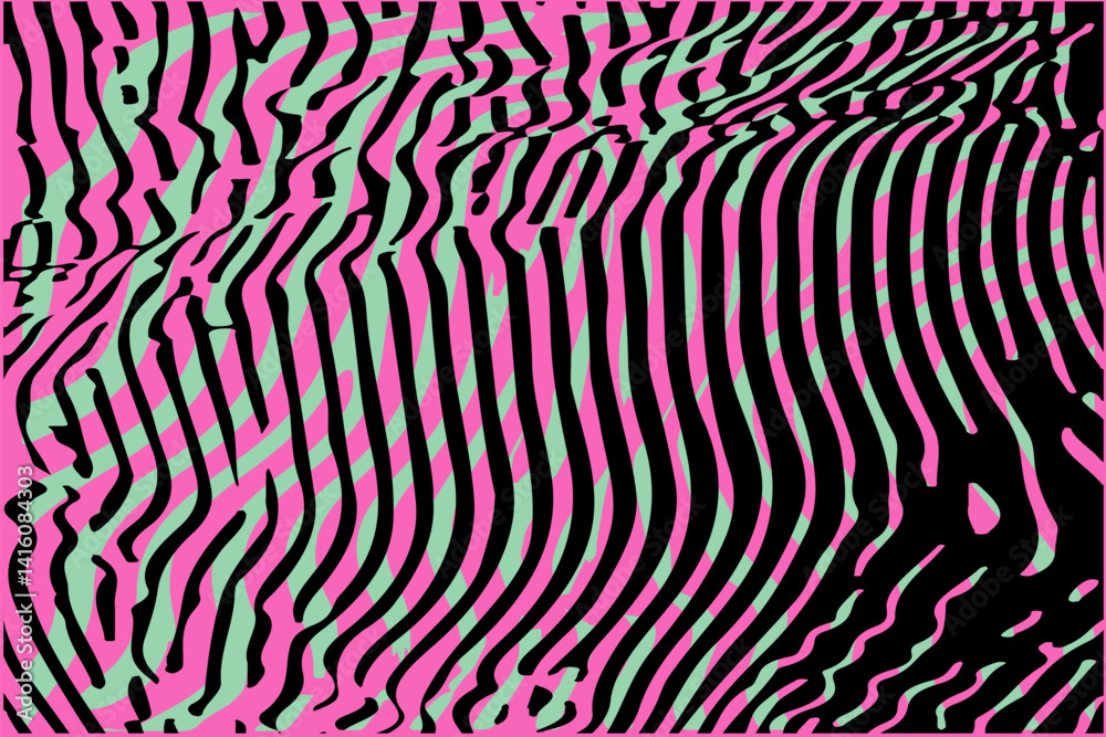 Poster Abstract vector illustration with wavy black lines forming an optical illusion over green and pink shapes, creating a dynamic, modern, and psychedelic visual effect.