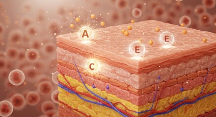 Detailed 3D Illustration Of Skin Layers With Vitamins A, C, And E