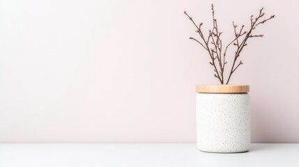 Simple, elegant, minimalist decor.  Small, delicate branches with pink buds in a speckled, white ceramic jar with a wooden lid on a white surface against a soft, pastel pink wall