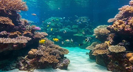 Vibrant Underwater Coral Reef Scene with Colorful Tropical Fish