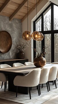 Modern Dining Room Photo With Amber Pendant Lights And Textured Shearling Chairs